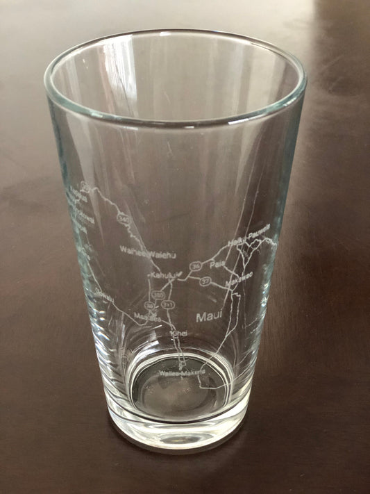 16 oz Pint Beer Glass Urban City Map Maui, Hawaii