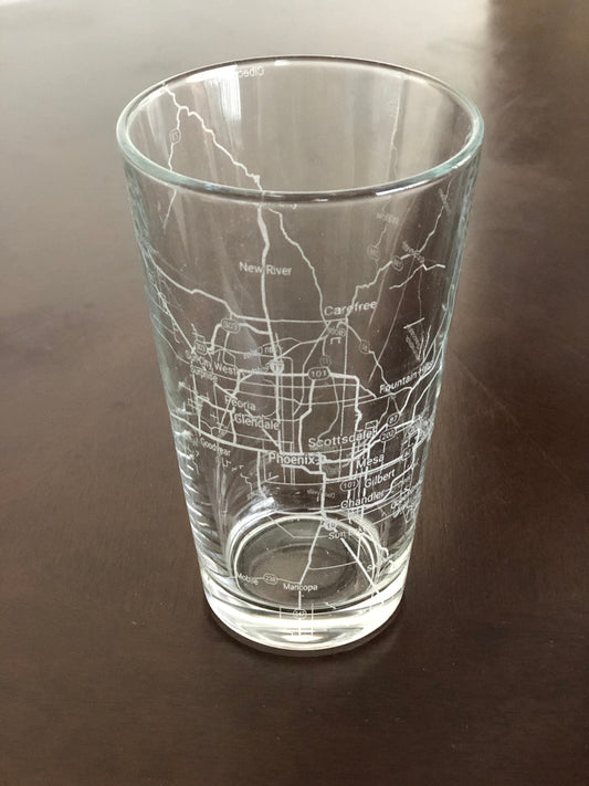 16 oz Pint Beer Glass Urban City Map Phoenix AZ Mesa AZ