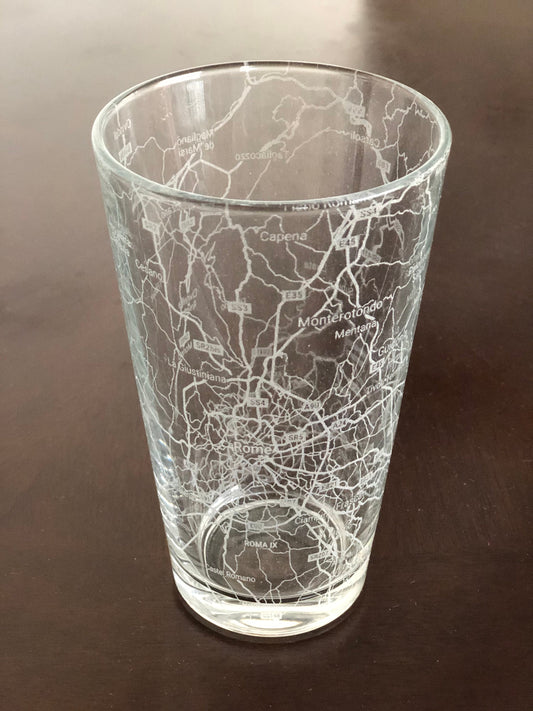 16 oz Pint Beer Glass Urban City Map Rome, Italy