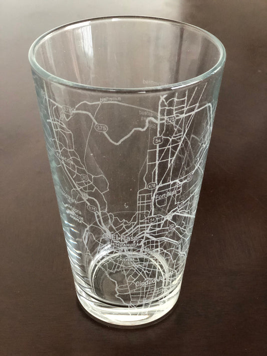 16 oz Pint Beer Glass Urban City Map El Paso, TX