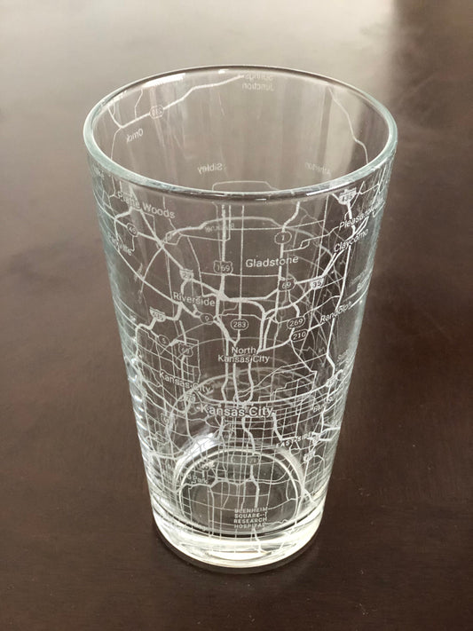 16 oz Pint Beer Glass Urban City Map Kansas City, MO