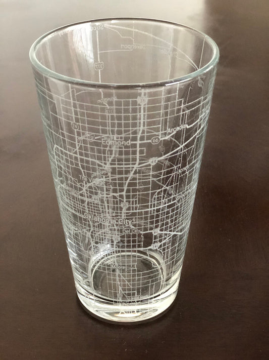 16 oz Pint Beer Glass Urban City Map Oklahoma City, OK