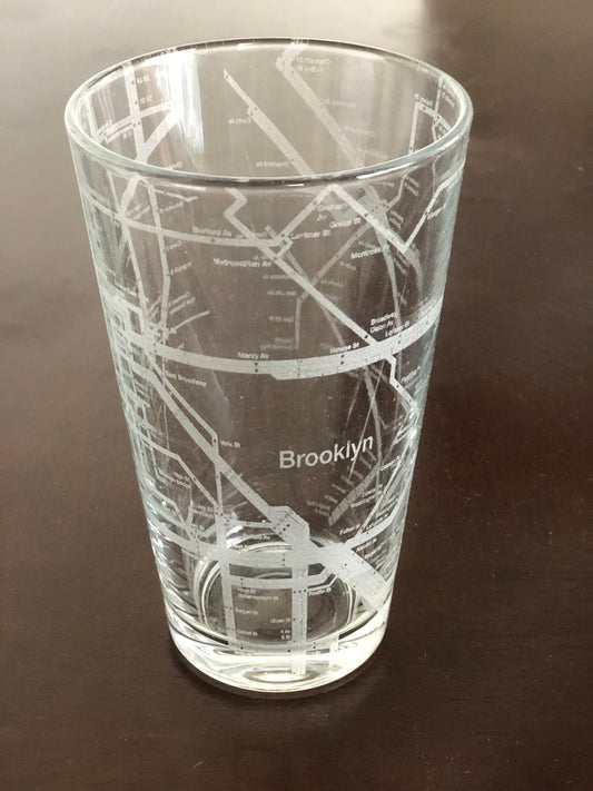 16 oz Pint Beer Glass Urban City Map New York City Subway Brooklyn