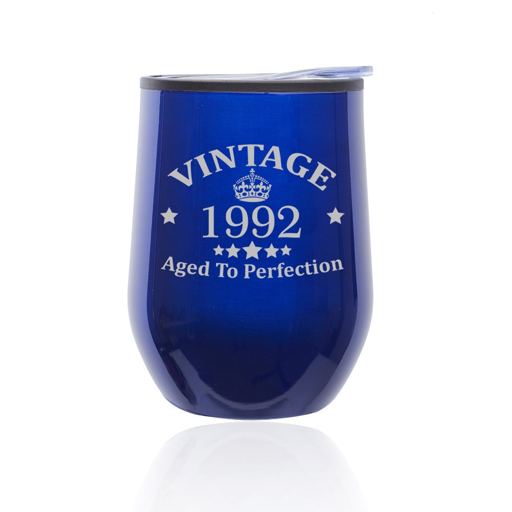 Vintage Aged To Perfection 1992 30th Birthday Funny Stemless Wine Tumbler Coffee Travel Mug Glass with Lid