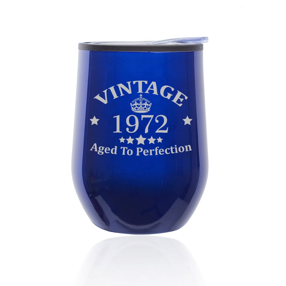 Vintage Aged To Perfection 1972 50th Birthday Funny Stemless Wine Tumbler Coffee Travel Mug Glass with Lid