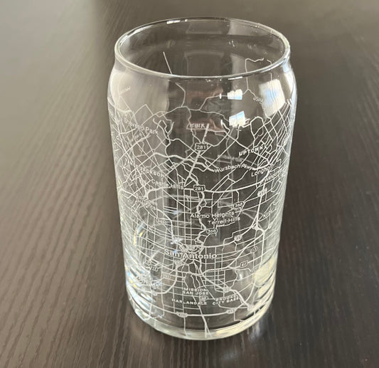 16 oz Beer Can Glass Urban City Map San Antonio, TX