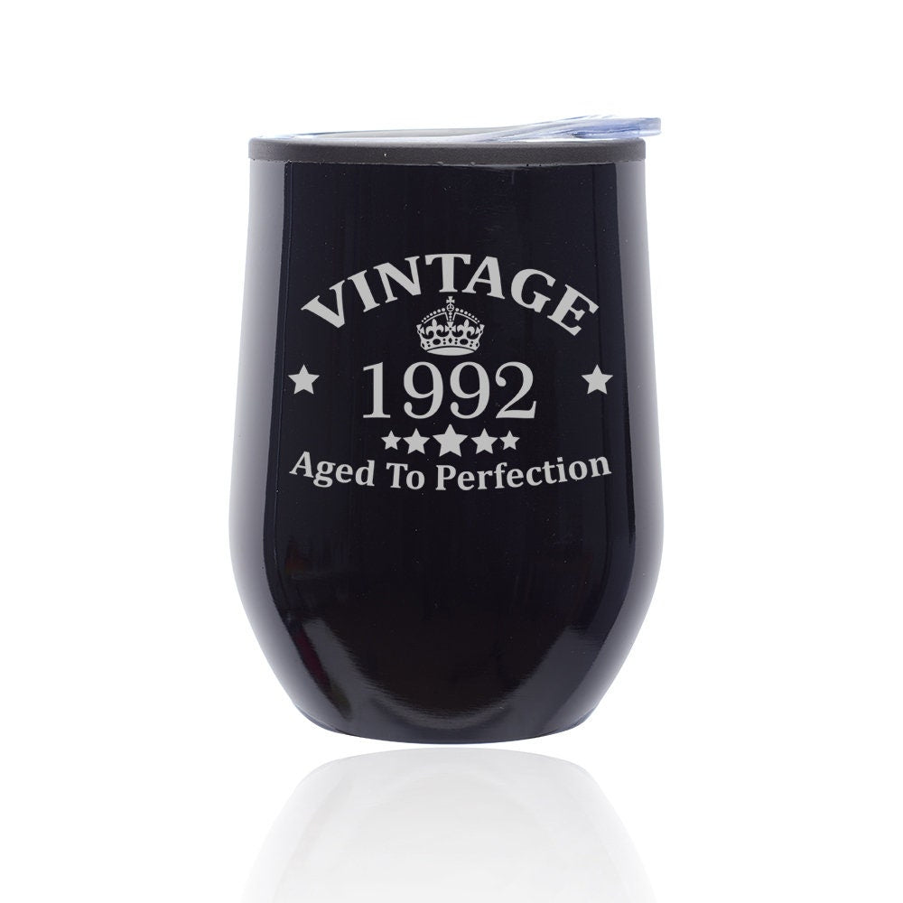 Vintage Aged To Perfection 1992 30th Birthday Funny Stemless Wine Tumbler Coffee Travel Mug Glass with Lid