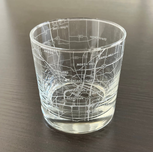 Rocks Whiskey Old Fashioned Glass Urban City Map Akron, OH