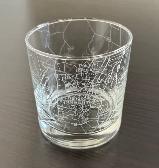 Rocks Whiskey Old Fashioned Glass Urban City Map Bangkok, Thailand