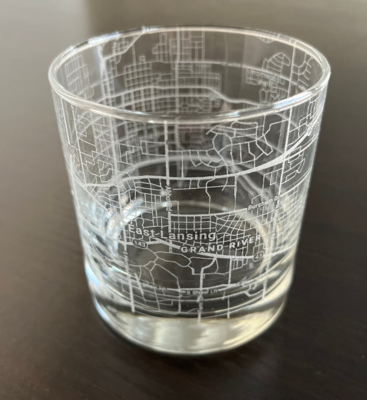 Rocks Whiskey Old Fashioned Glass Urban City Map Lansing & East Lansing, MI