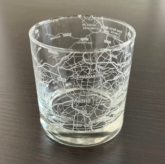 Rocks Whiskey Old Fashioned Glass Urban City Map Madrid, Spain