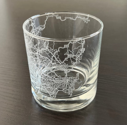 Rocks Whiskey Old Fashioned Glass Urban City Map Sydney NSW, Australia