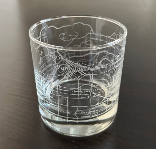 Rocks Whiskey Old Fashioned Glass Urban City Map Vancouver, BC, Canada