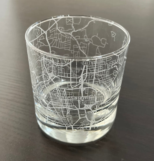 Rocks Whiskey Old Fashioned Glass Urban City Map Winston-Salem, NC