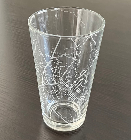 16 oz Pint Beer Glass Urban City Map Blacksburg, VA