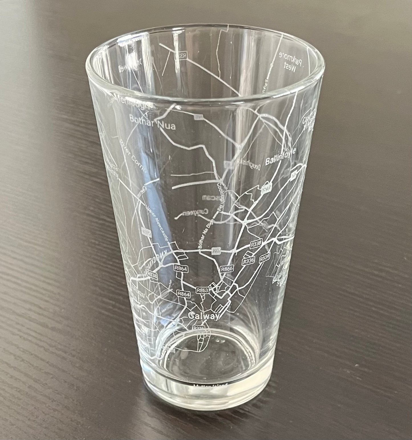 16 oz Pint Beer Glass Urban City Map Galway, Ireland