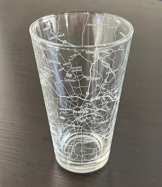 16 oz Pint Beer Glass Urban City Map Kraków, Poland