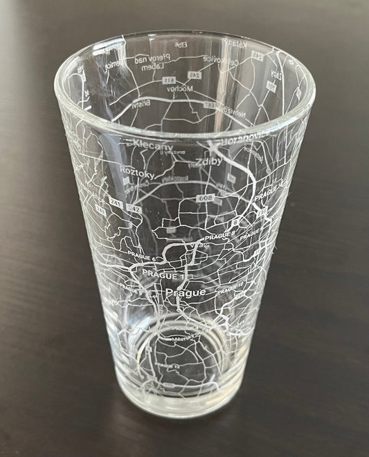 16 oz Pint Beer Glass Urban City Map Prague, Czech Republic