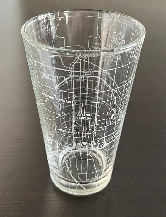 16 oz Pint Beer Glass Urban City Map Spokane, WA