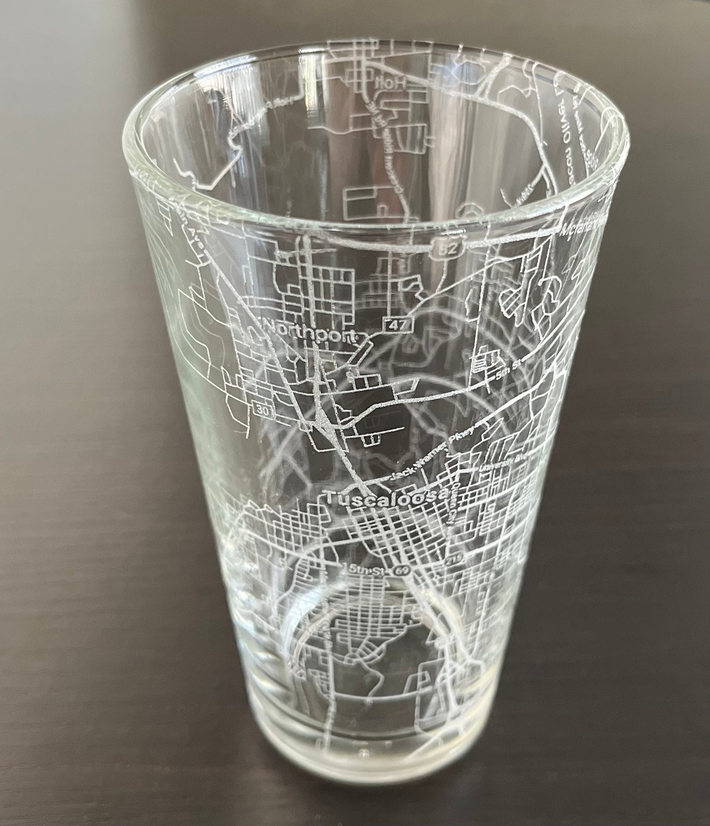 16 oz Pint Beer Glass Urban City Map Tuscaloosa, AL