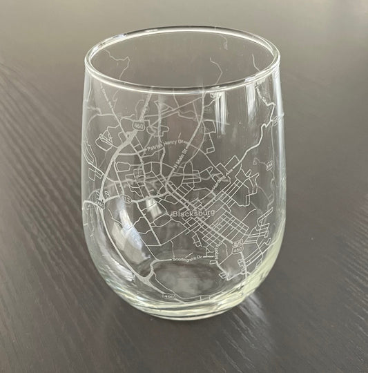 Stemless Wine Glass Urban City Map Blacksburg, VA