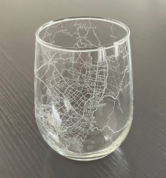 Stemless Wine Glass Urban City Map Bogota, Colombia