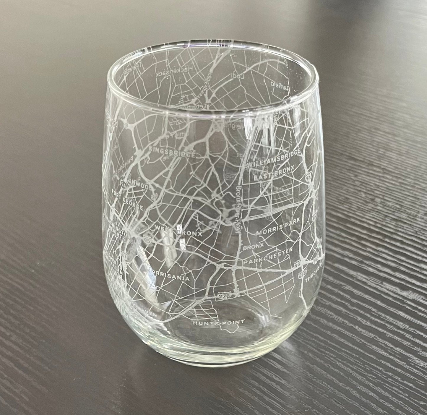 Stemless Wine Glass Urban City Map Bronx, NY