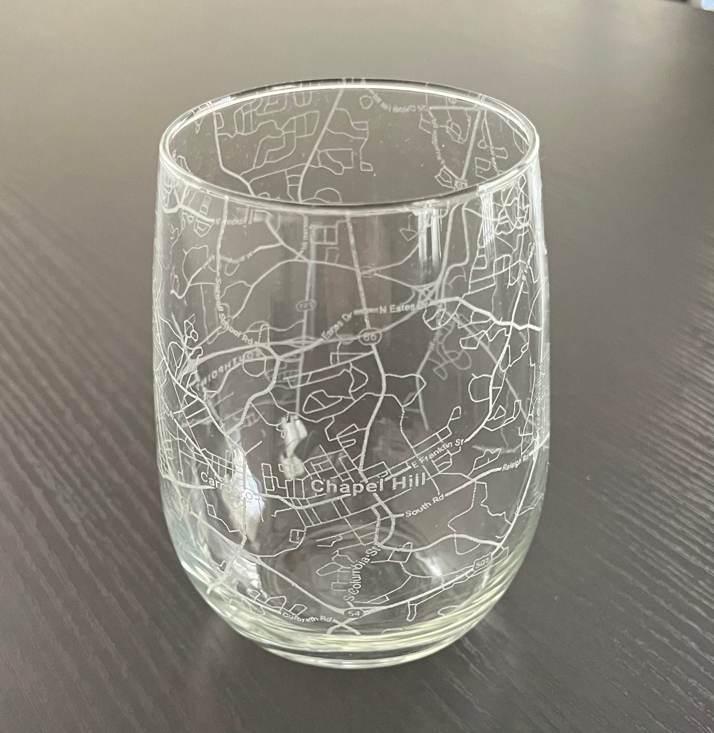 Stemless Wine Glass Urban City Map Chapel Hill, NC