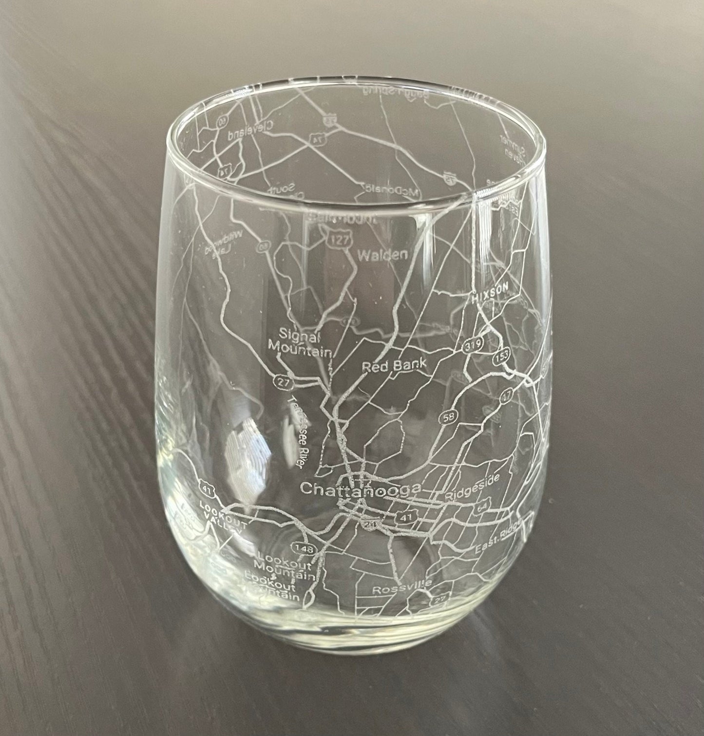 Stemless Wine Glass Urban City Map Chattanooga, TN