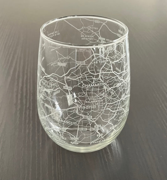 Stemless Wine Glass Urban City Map Madrid, Spain