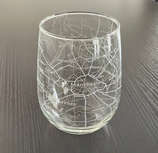 Stemless Wine Glass Urban City Map Manchester, UK