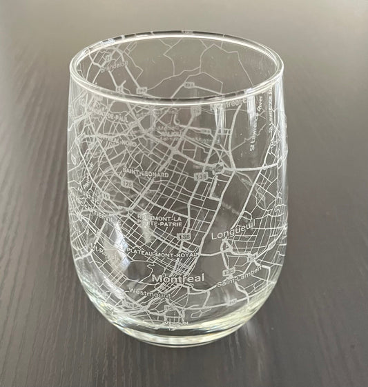 Stemless Wine Glass Urban City Map Montreal, QC, Canada