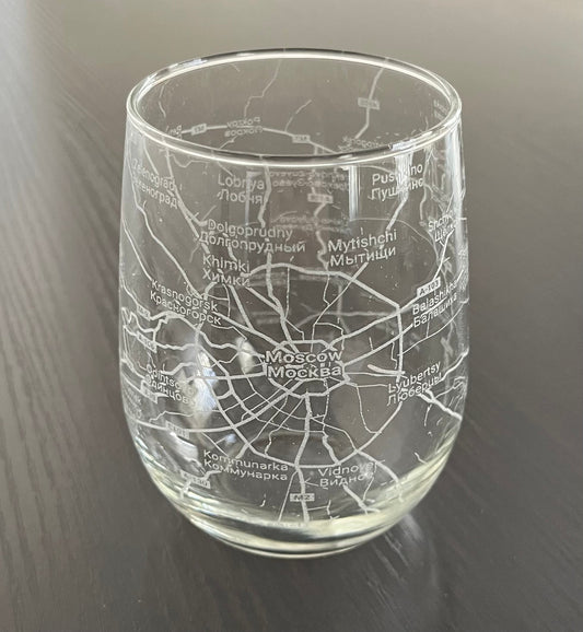 Stemless Wine Glass Urban City Map Moscow, Russia