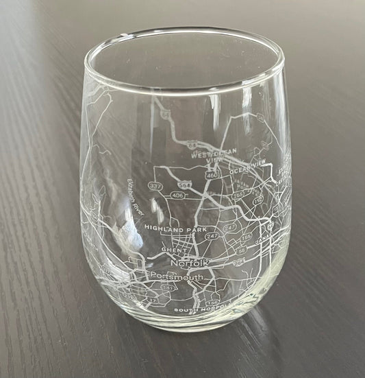 Stemless Wine Glass Urban City Map Norfolk, VA