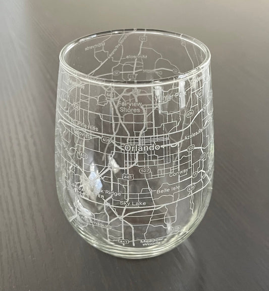 Stemless Wine Glass Urban City Map Orlando, FL