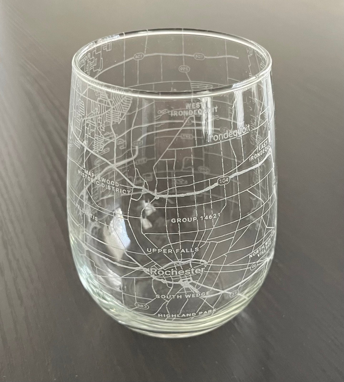 Stemless Wine Glass Urban City Map Rochester, NY