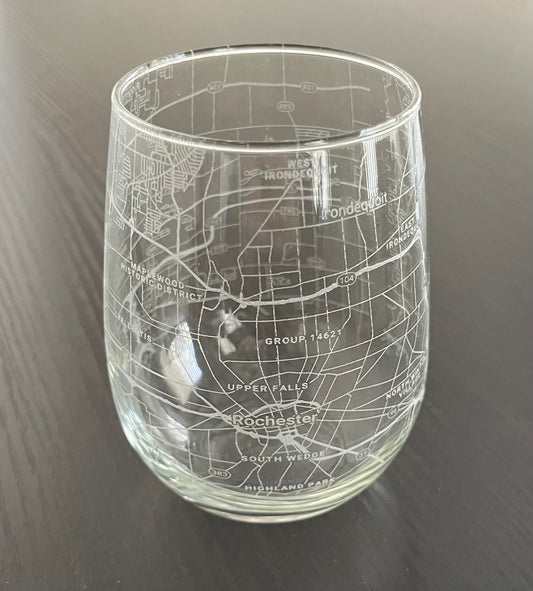 Stemless Wine Glass Urban City Map Rochester, NY