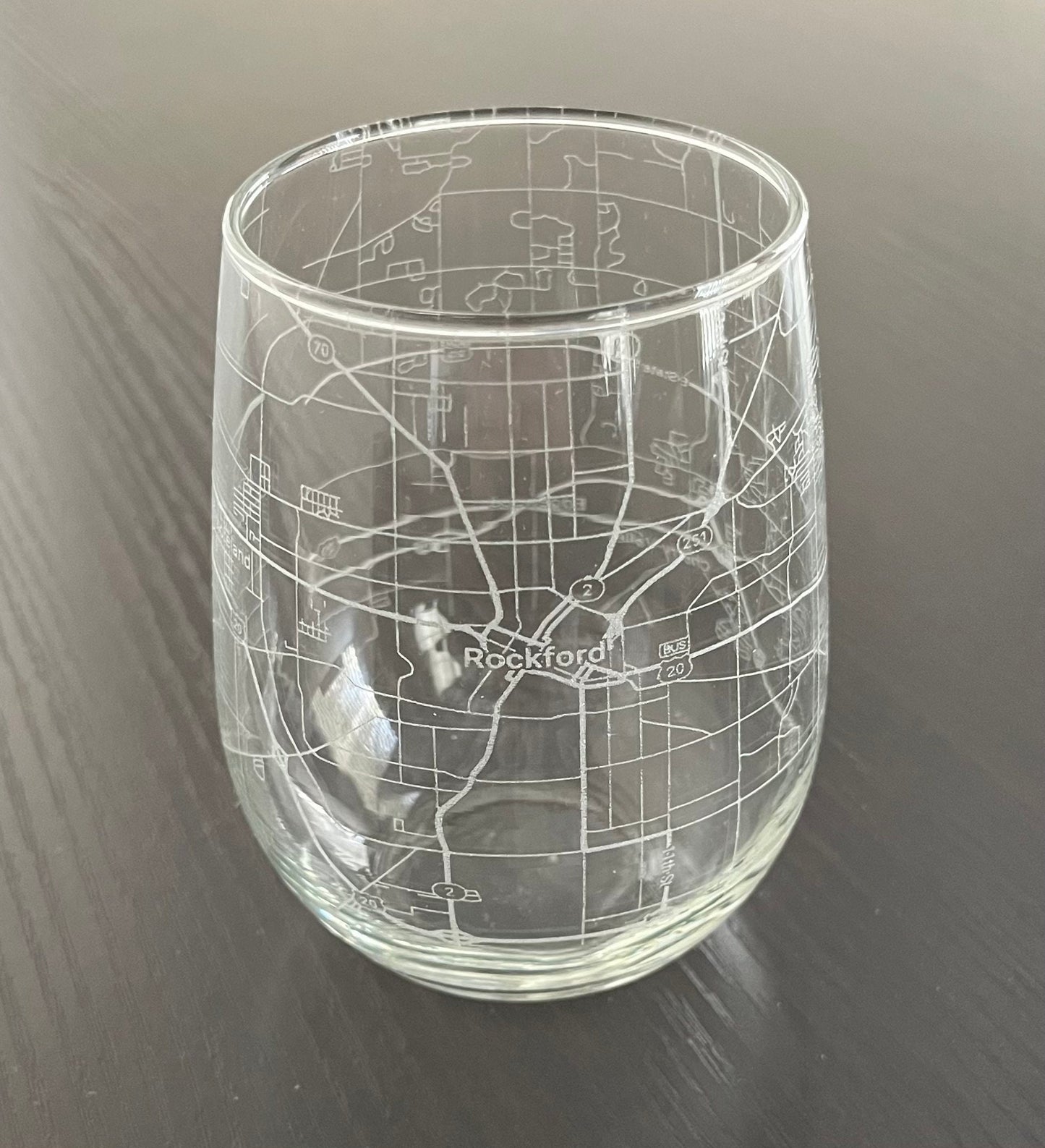 Stemless Wine Glass Urban City Map Rockford, IL