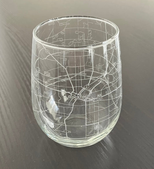 Stemless Wine Glass Urban City Map Rockford, IL