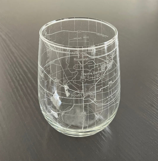 Stemless Wine Glass Urban City Map South Bend, IN