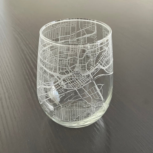 Stemless Wine Glass Urban City Map St Paul, MN