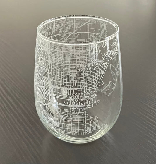 Stemless Wine Glass Urban City Map St Petersburg, FL