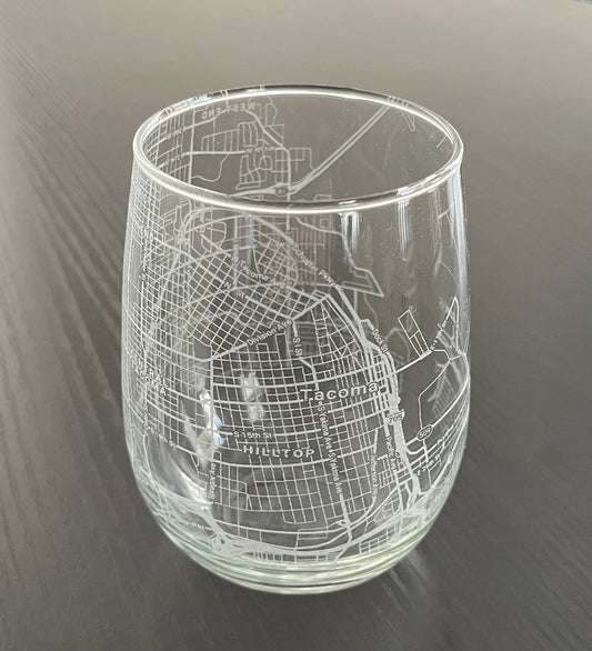 Stemless Wine Glass Urban City Map Tacoma, WA