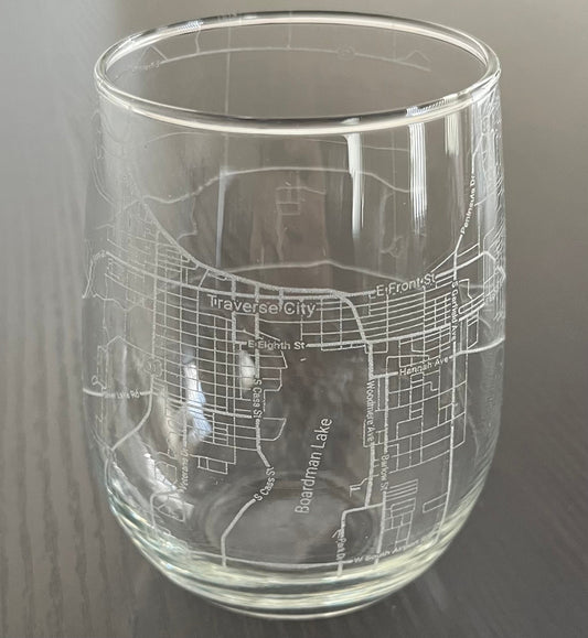 Stemless Wine Glass Urban City Map Traverse City, MI