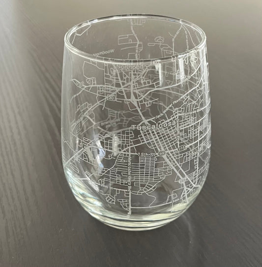 Stemless Wine Glass Urban City Map Tuscaloosa, AL