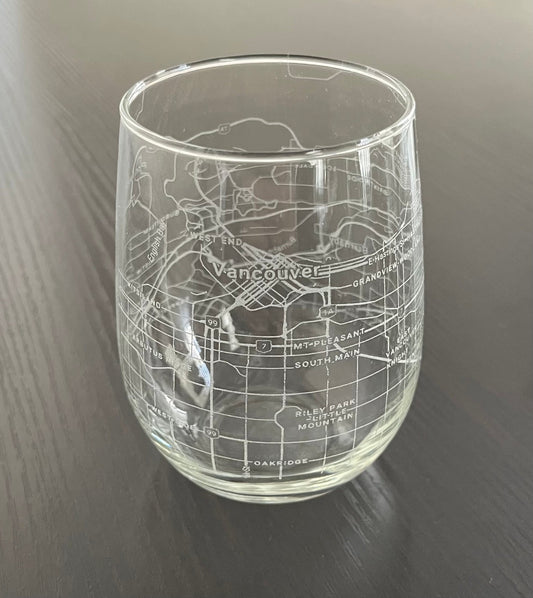 Stemless Wine Glass Urban City Map Vancouver, BC, Canada