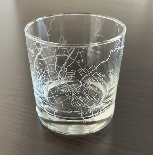 Rocks Whiskey Old Fashioned Glass Urban City Map Blacksburg, VA