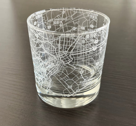 Rocks Whiskey Old Fashioned Glass Urban City Map Tokyo, Japan