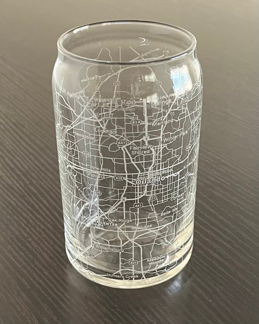 16 oz Beer Can Glass Urban City Map Orlando, FL