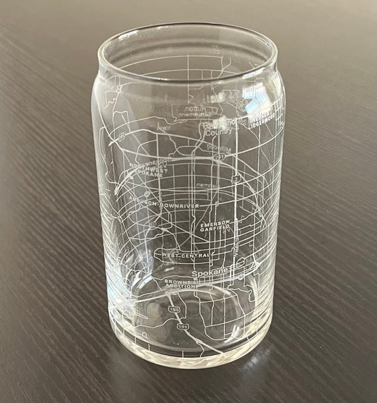 16 oz Beer Can Glass Urban City Map Spokane, WA